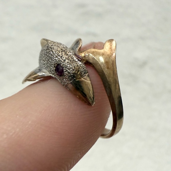 Vintage 14k Yellow Gold Dolphin Ring with Lab Created Ruby Eyes